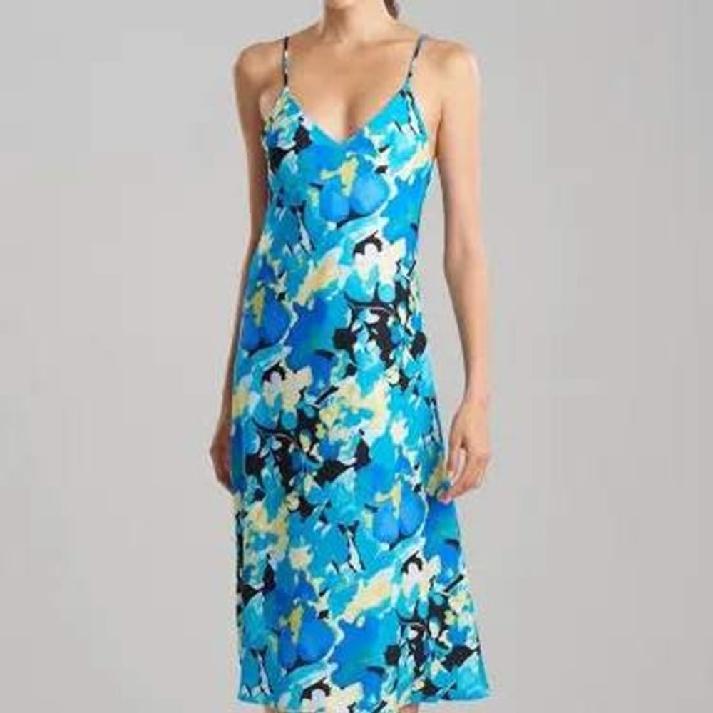 Natori Womens Slip Dress Large Blue Yellow Floral Midi V-Neck Adjustable Straps
